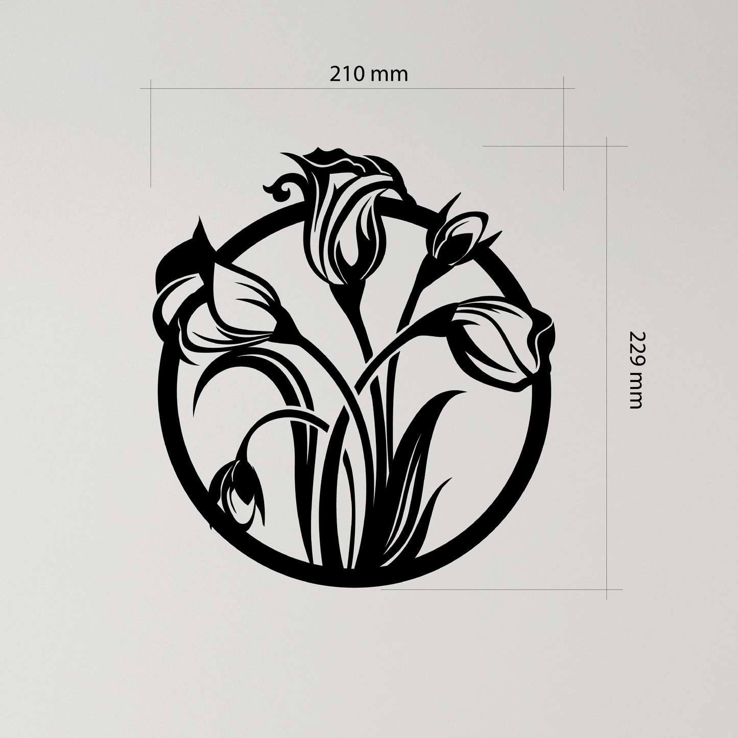 Decorative Lily Flowers design with measurements on a gray background. Acrylic glass decor - Vibewall