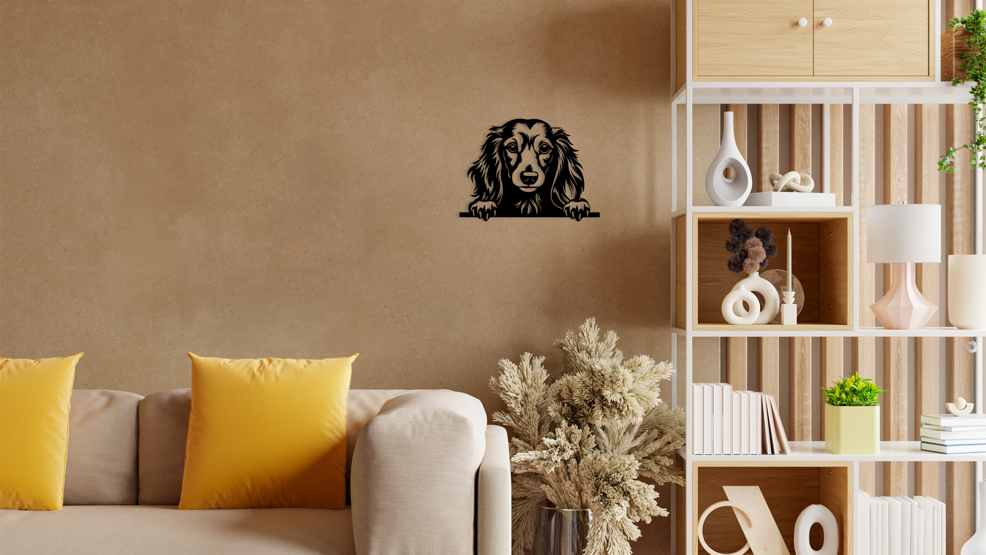 Pet wall decor featuring an illustration of a Long Haired Dachshund. Acrylic glass decor - Vibewall