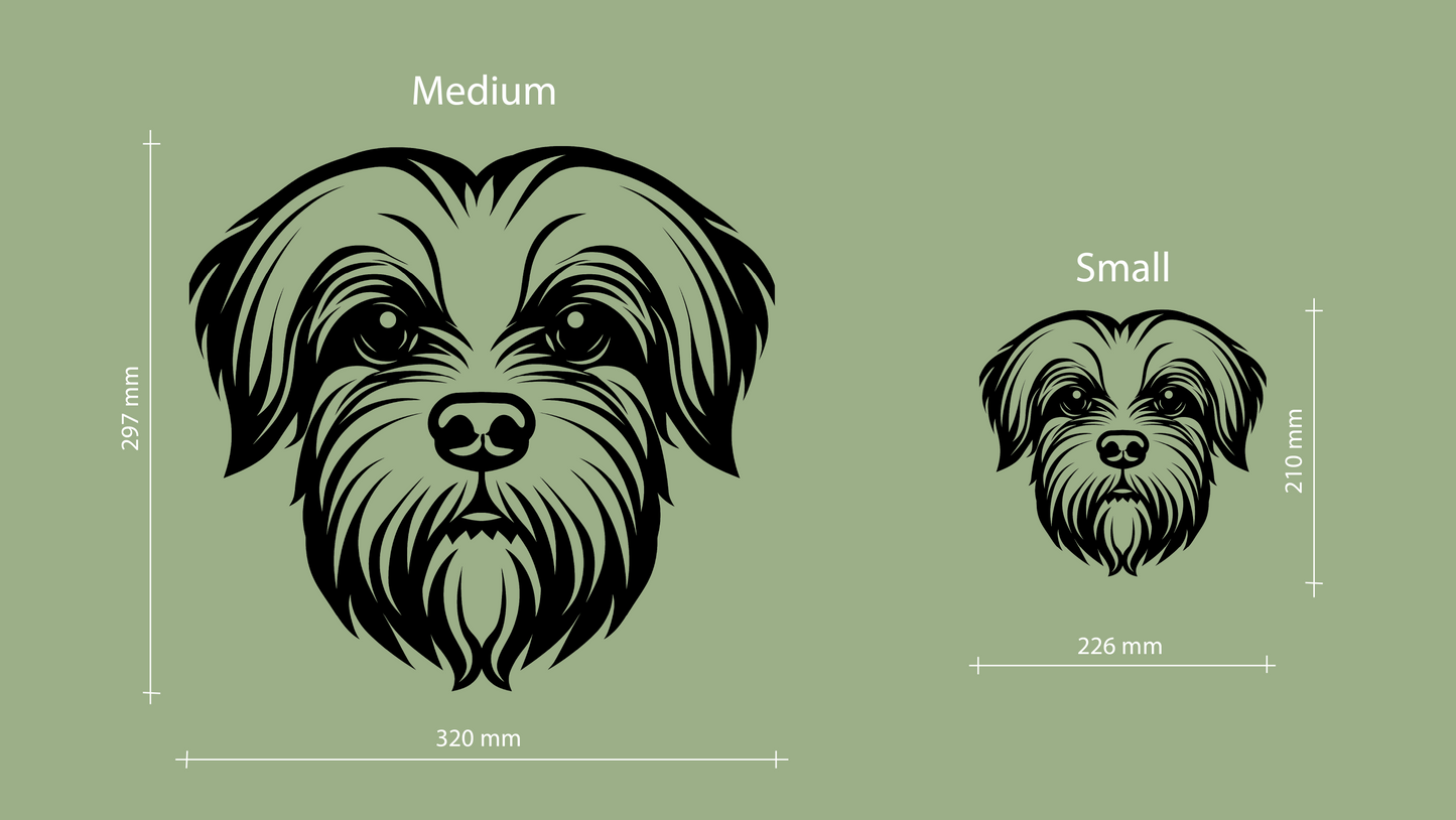 Sizes for pet wall decor featuring an illustration of a Maltese. Acrylic glass decor - Vibewall