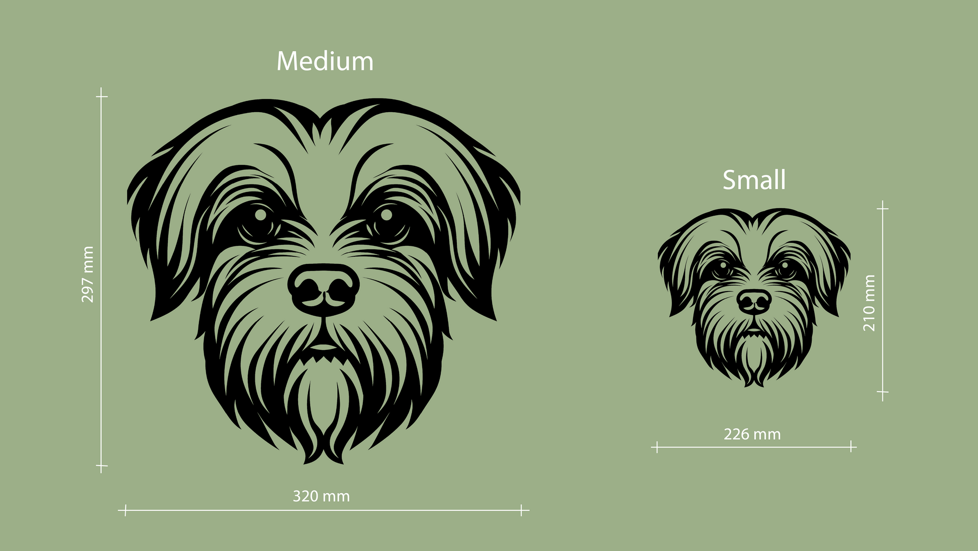 Sizes for pet wall decor featuring an illustration of a Maltese. Acrylic glass decor - Vibewall
