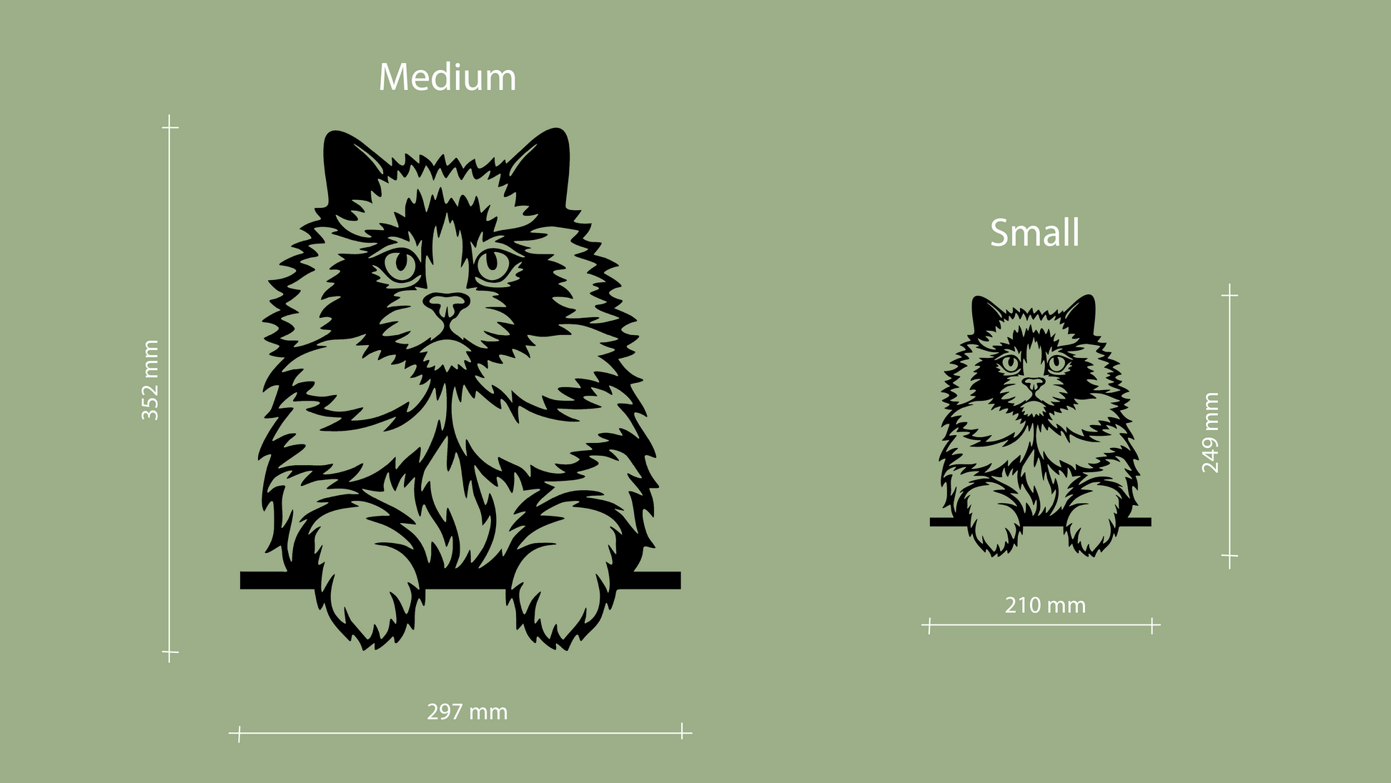 Sizes for pet wall decor featuring an illustration of a Ragdoll Cat. Acrylic glass decor - Vibewall