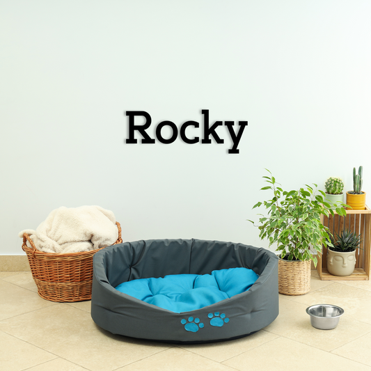 This pet wall decor features the name “Rocky” in a clean, elegant design that adds a personalized touch to any space. Acrylic glass decor - Vibewall