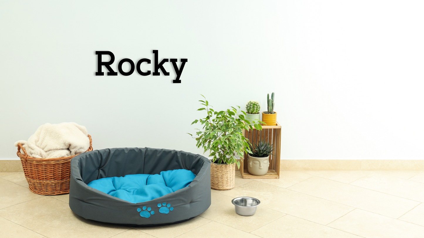 This pet wall decor features the name “Rocky” in a clean, elegant design that adds a personalized touch to any space. Acrylic glass decor - Vibewall