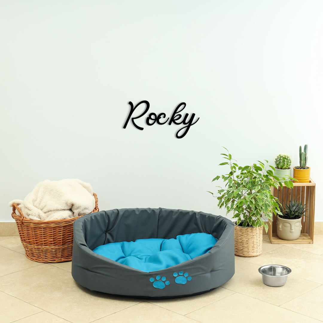 This pet wall decor features the name “Rocky” in a clean, elegant design that adds a personalized touch to any space. Acrylic glass decor - Vibewall