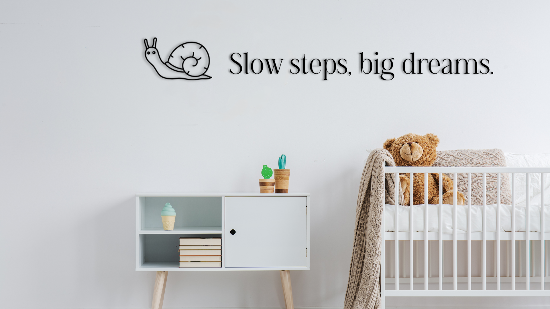 Charming wall decor featuring small  illustration of a snail paired with the inspiring phrase  “Slow steps, big dreams,”. Acrylic glass decor - Vibewall