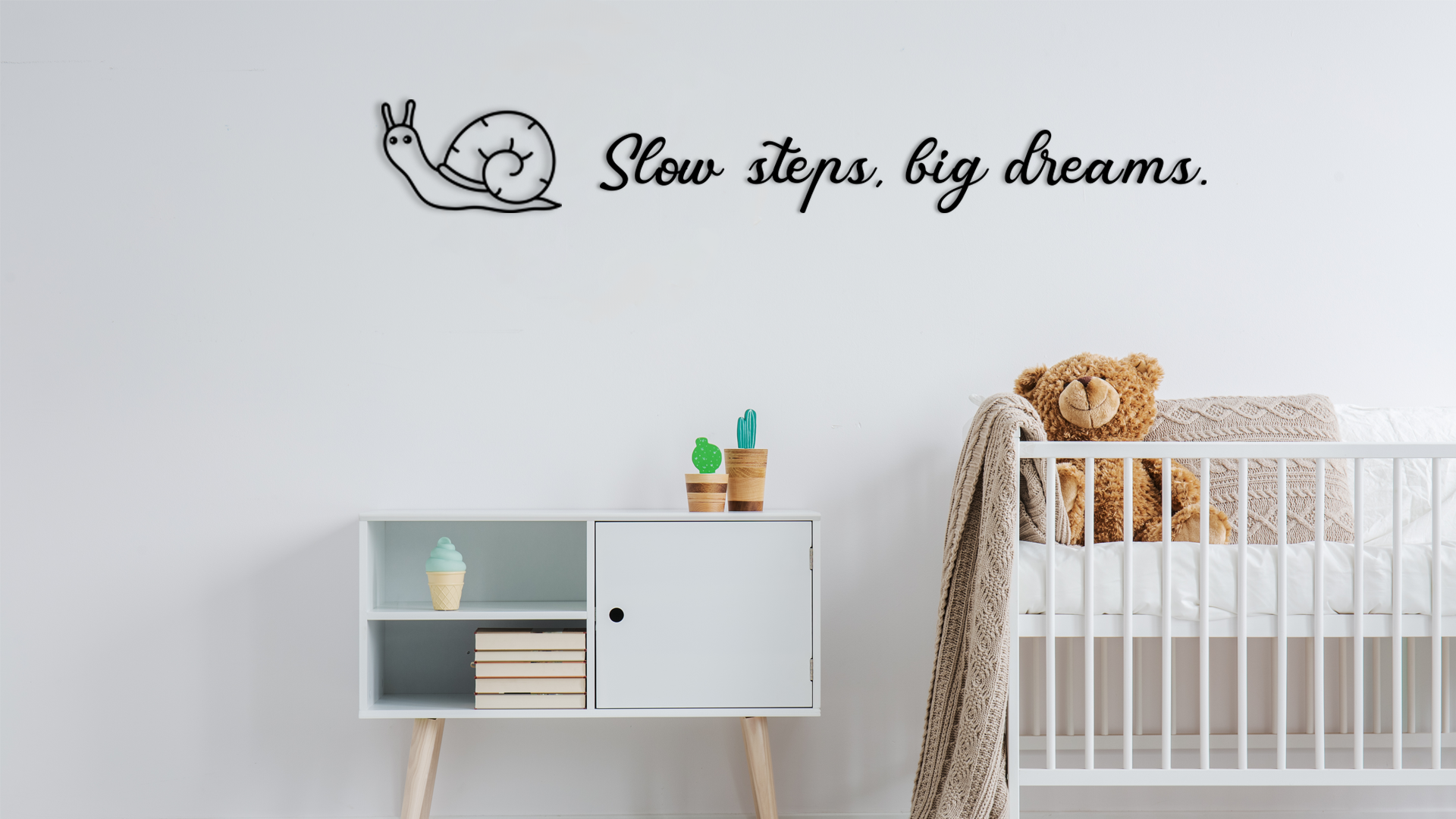 Charming wall decor featuring small  illustration of a snail paired with the inspiring phrase  “Slow steps, big dreams,”. Acrylic glass decor - Vibewall