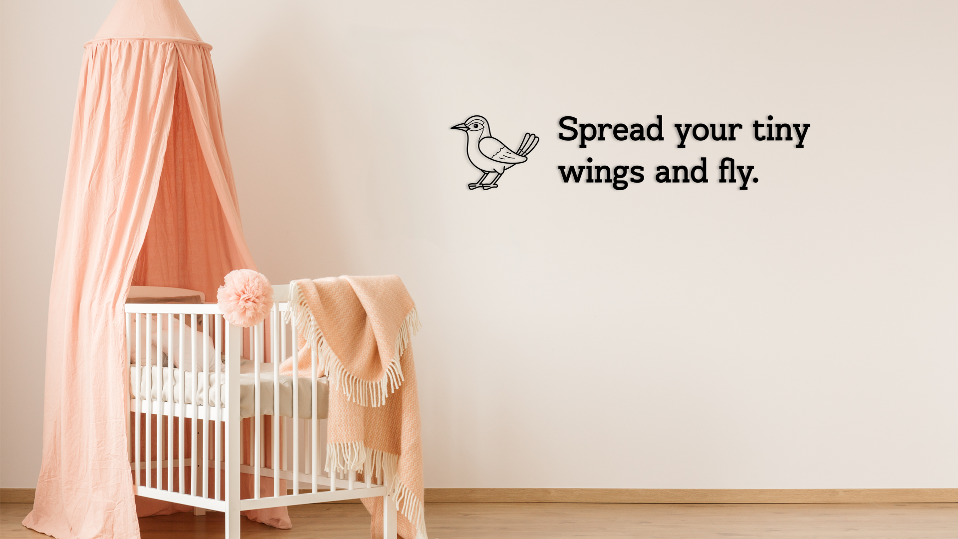 Uplifting wall decor featuring the illustration of a bird and encouraging phrase “Spread your tiny wings and fly,”. Acrylic glass decor - Vibewall