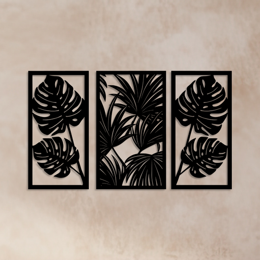 3-piece set features bold tropical leaf designs, each elegantly framed in a rectangular panel. Acrylic glass decor - vibe-wall