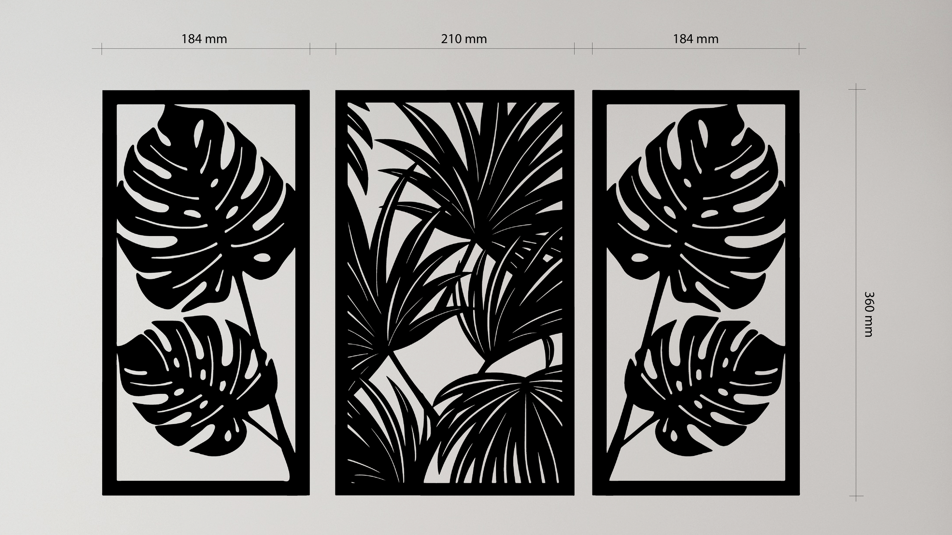 3-piece set features bold tropical leaf designs, each elegantly framed in a rectangular panel. Acrylic glass decor - vibe-wall