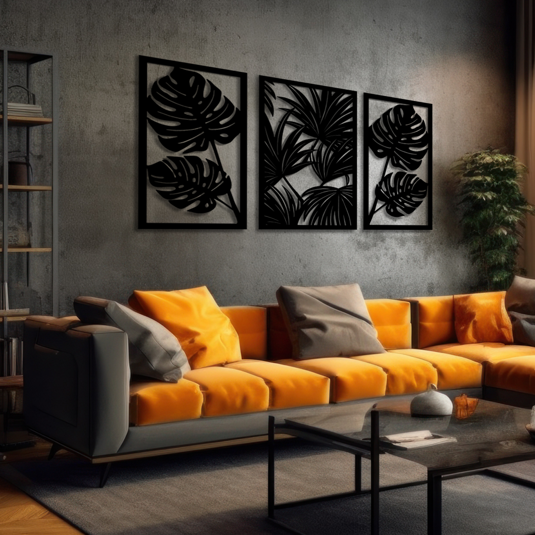3-piece set features bold tropical leaf designs, each elegantly framed in a rectangular panel. Acrylic glass decor - vibe-wall