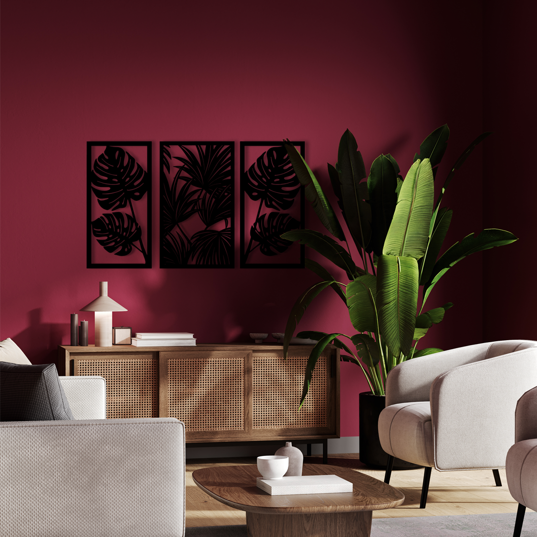 3-piece set features bold tropical leaf designs, each elegantly framed in a rectangular panel. Acrylic glass decor - vibe-wall