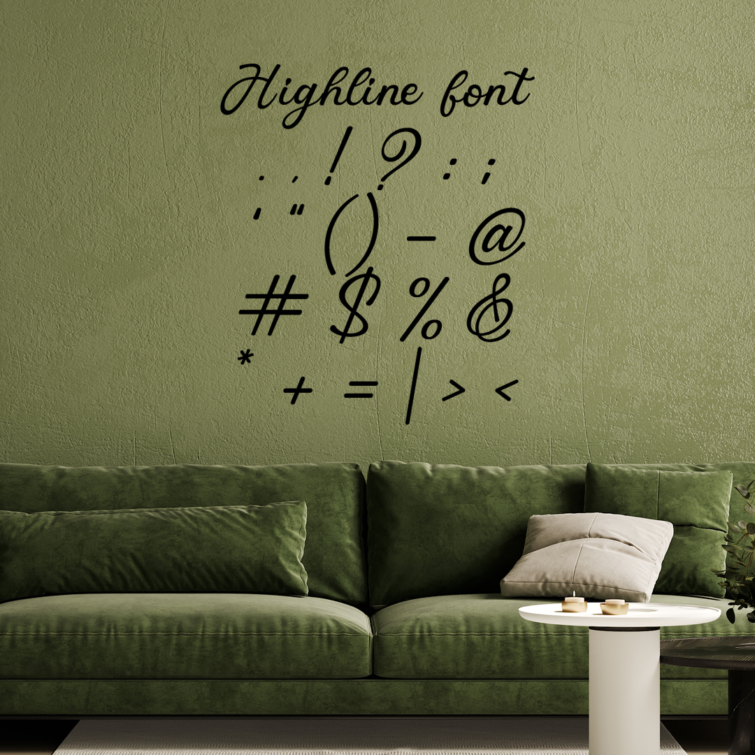 Green wall with decorative text and a green sofa. Acrylic wall decor - Vibewall