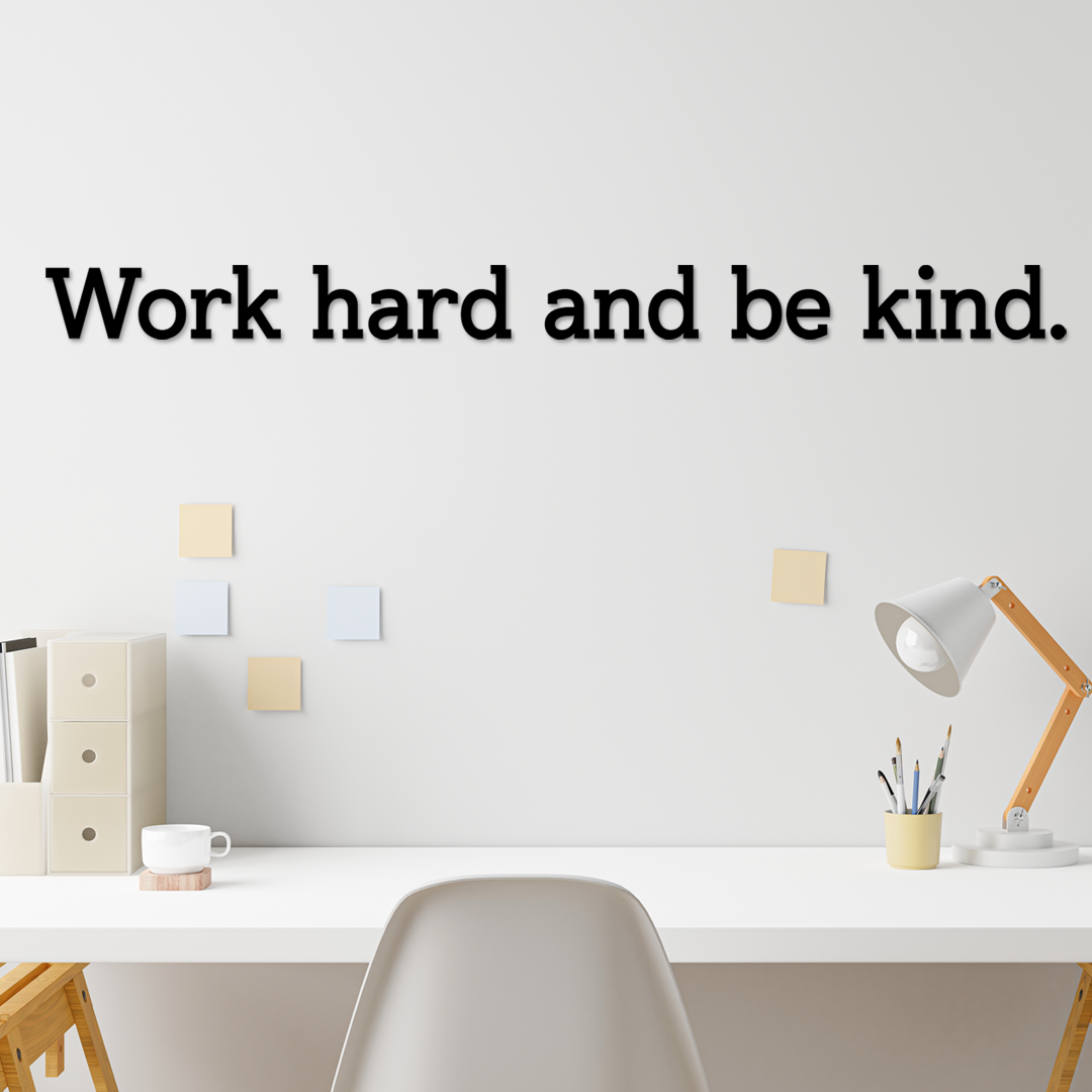 Minimalist office setup with motivational quote on a white wall - Acrylic wall decor Vibewall