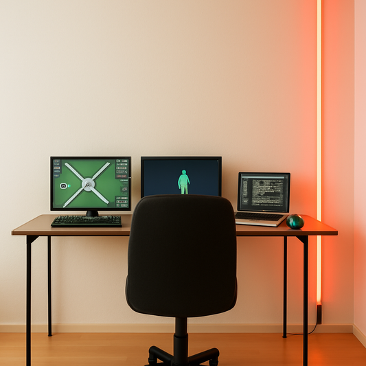 Modern office setup with a desk featuring three monitors, a keyboard, and a mouse. Background for Vibewall