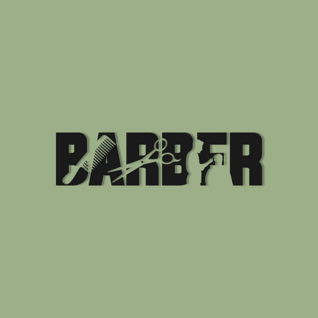 Black 'BARBFR' logo with comb and scissors on a green background - Acrylic wall decor - Vibewall
