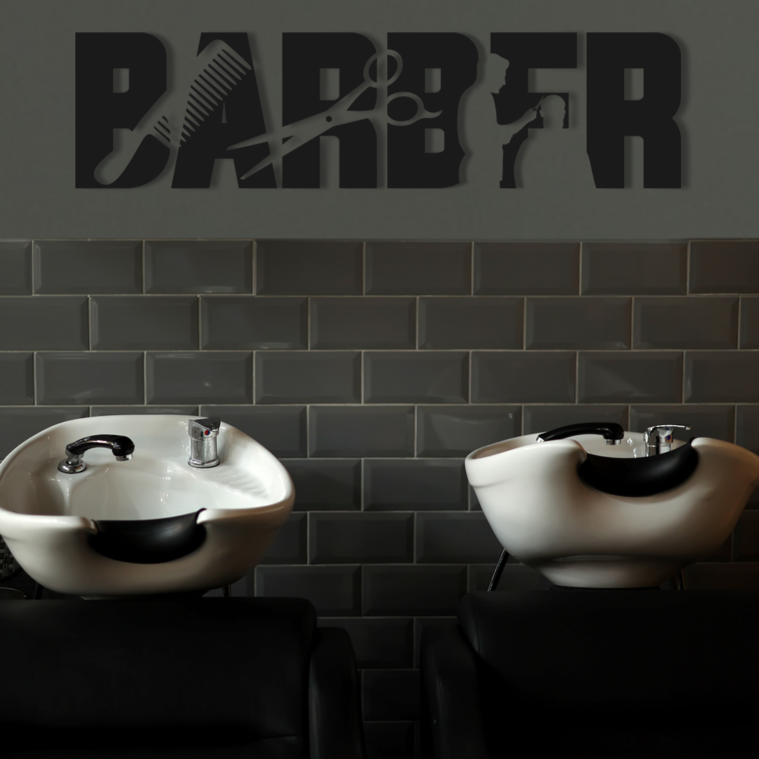 Two white hair washing bowls against a dark tiled wall with 'BARBER' sign. Acrylic wall decor - Vibewall