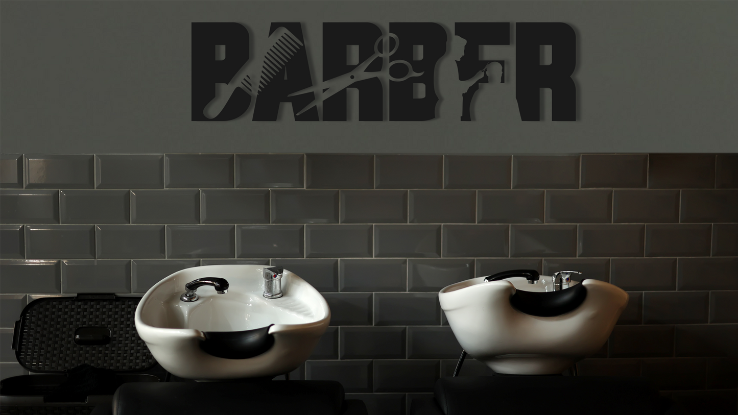 Two white sinks with black basins against a gray tiled wall with 'BARBER' sign. Acrylic wall decor - Vibewall