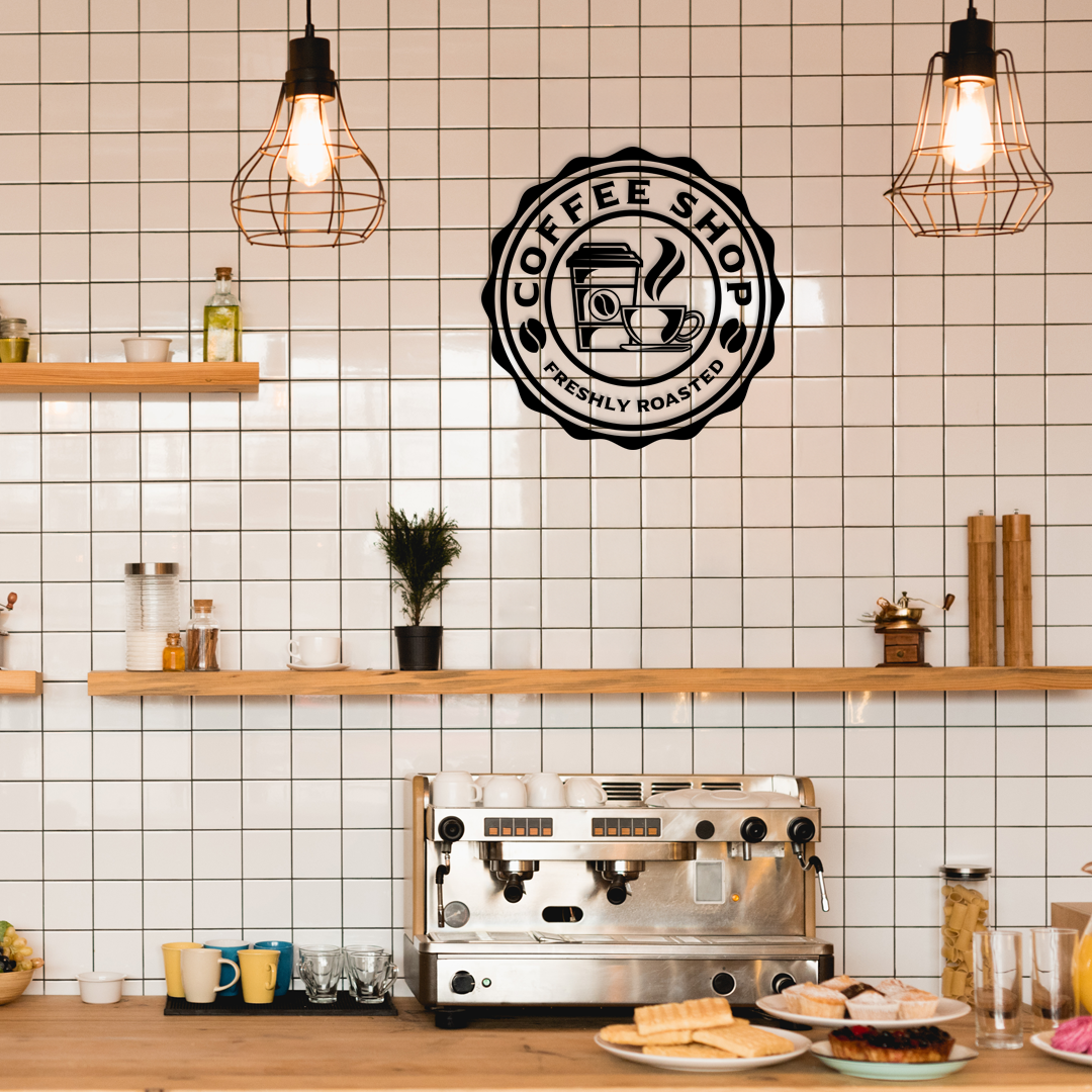 Coffee shop interior with a coffee machine, shelves, and a 'Coffee Shop Freshly Roasted' sign on the wall. Acrylic wall decor - Vibewall