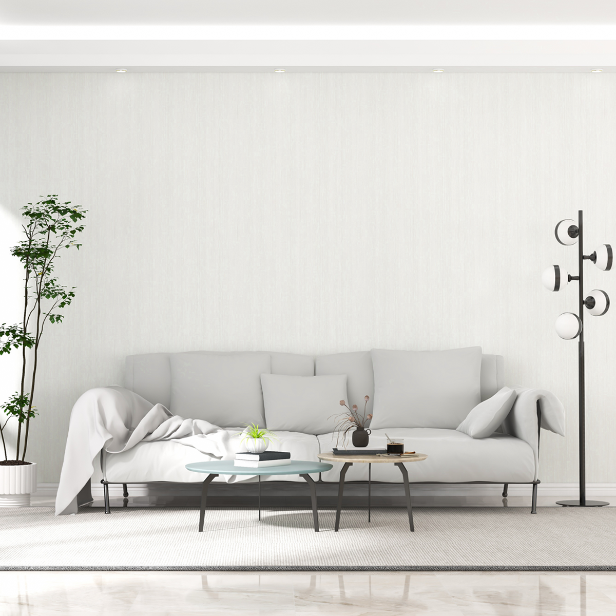 Modern living room with a gray sofa, coffee table, and decorative items. Background livingroom - Vibewall