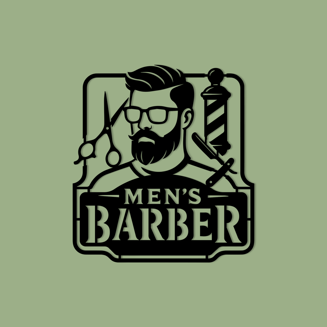 Logo of a men's barber with a barber pole, scissors, and a mirror on a green background. Acrylic wall decor - Vibewall