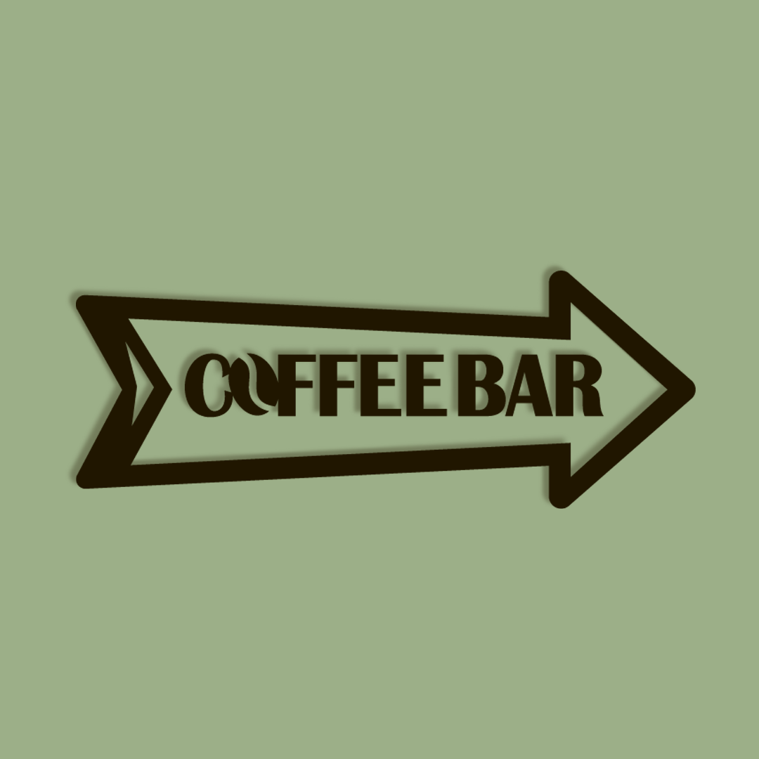 Arrow-shaped sign pointing to a coffee bar on a green background - Acrylic wall decor - Vibewall