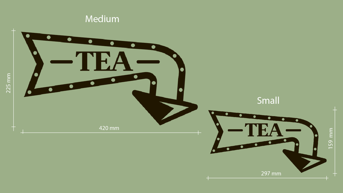 Two decorative metal signs with 'TEA' text and arrows, one medium and one small, on a green background. Acrylic wall decor - Vibewall