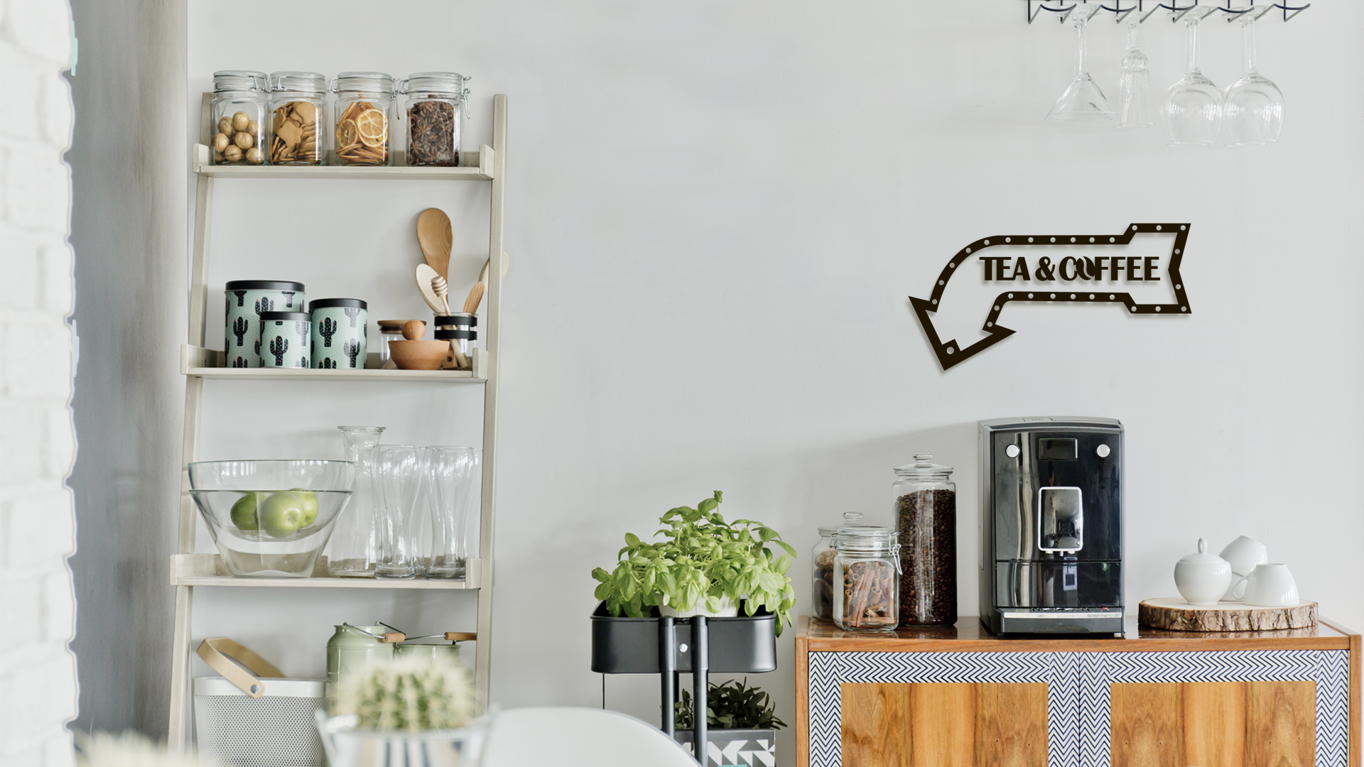 Kitchen or coffee bar area with shelves, a coffee machine, and decorative items. Acrylic wall decor - Vibewall