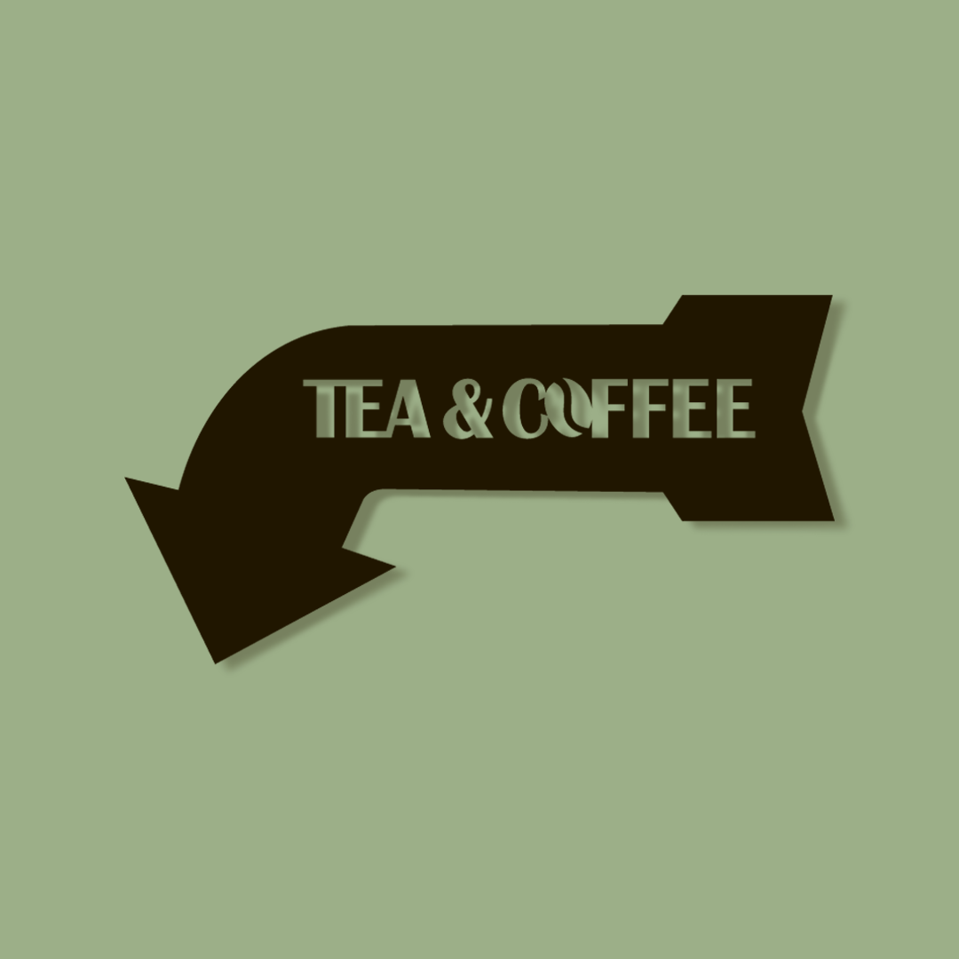 Black arrow-shaped sign with 'TEA & COFFEE' text on a green background - Acrylic wall decor - Vibewall