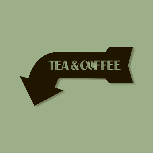 Black arrow-shaped sign with 'TEA & COFFEE' text on a green background - Acrylic wall decor - Vibewall