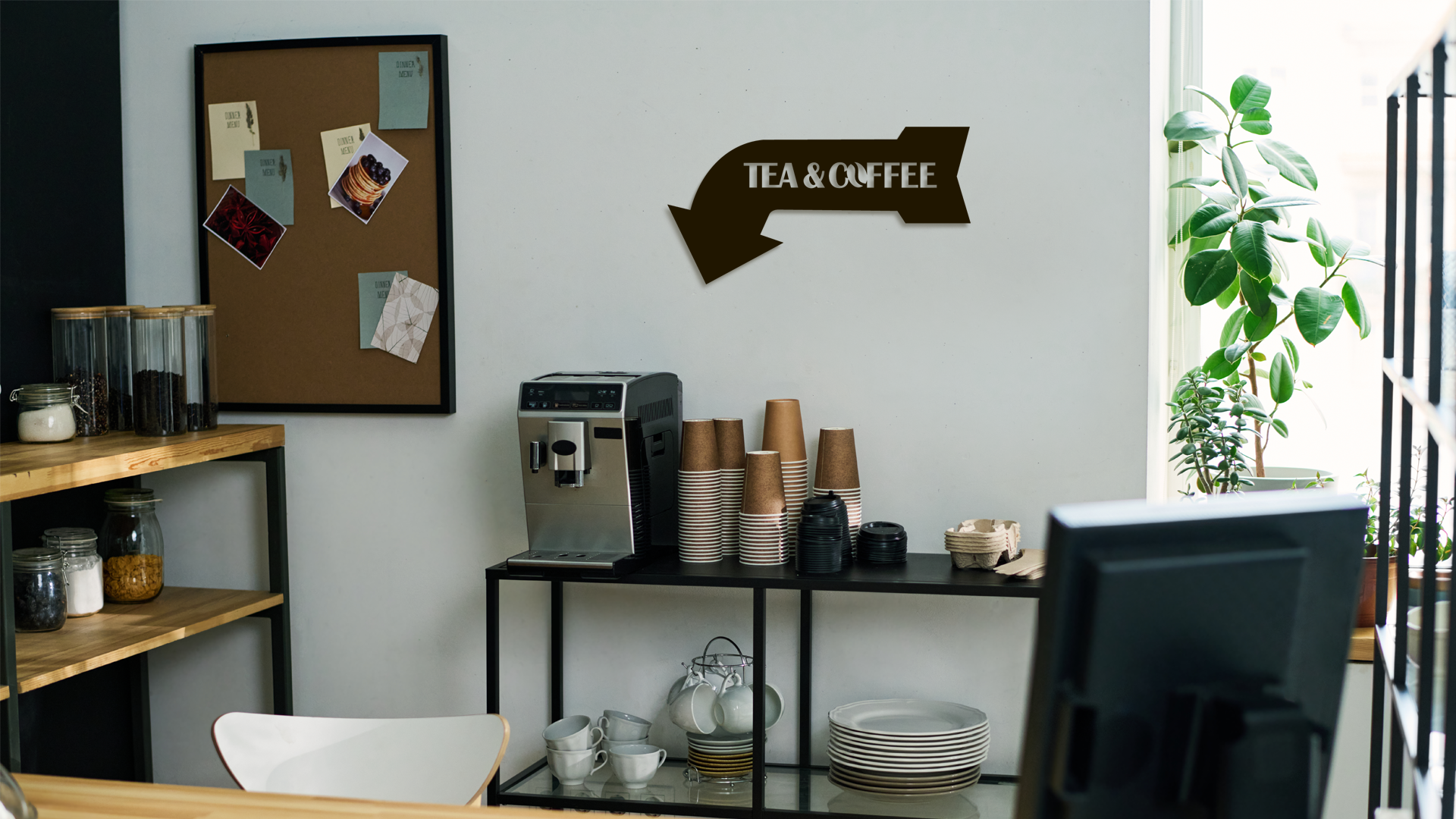 Coffee station with coffee machine, cups, and decor in a modern kitchen. - Acrylic wall decor - Vibewall