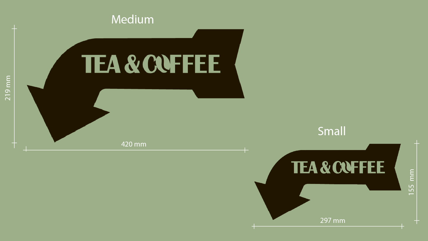 Two sizes of 'TEA & COFFEE' signs with dimensions on a green background - Acrylic wall decor - Vibewall