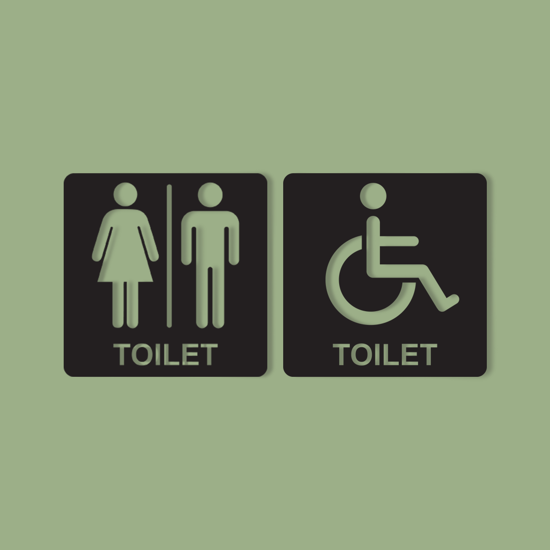 Two bathroom signs on a green background, one for general use and one for disabled access. - Acrylic wall decor - Vibewall
