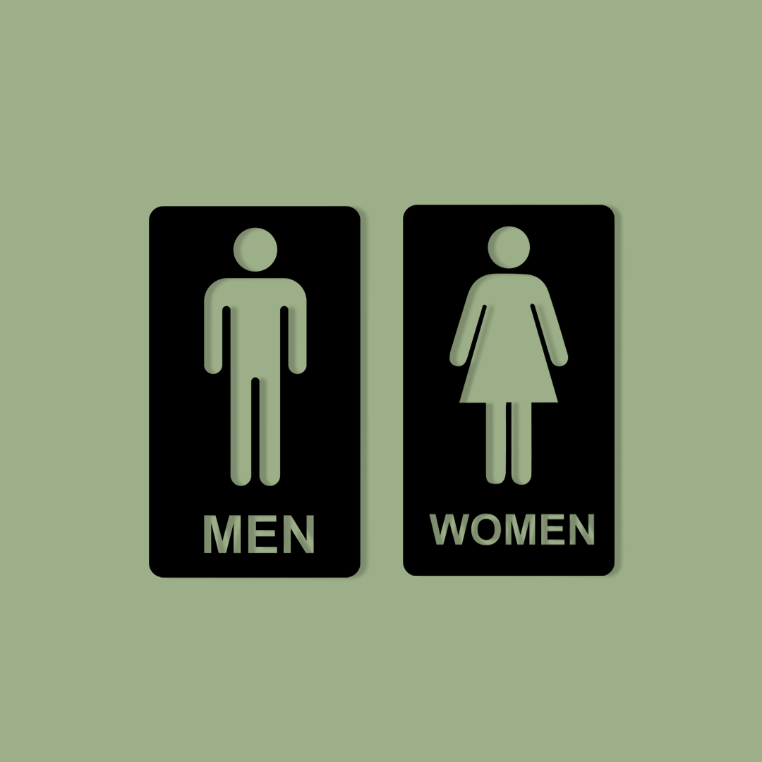 Men's and Women's restroom signs on a green background - Acrylic glass wall decor - Vibewall