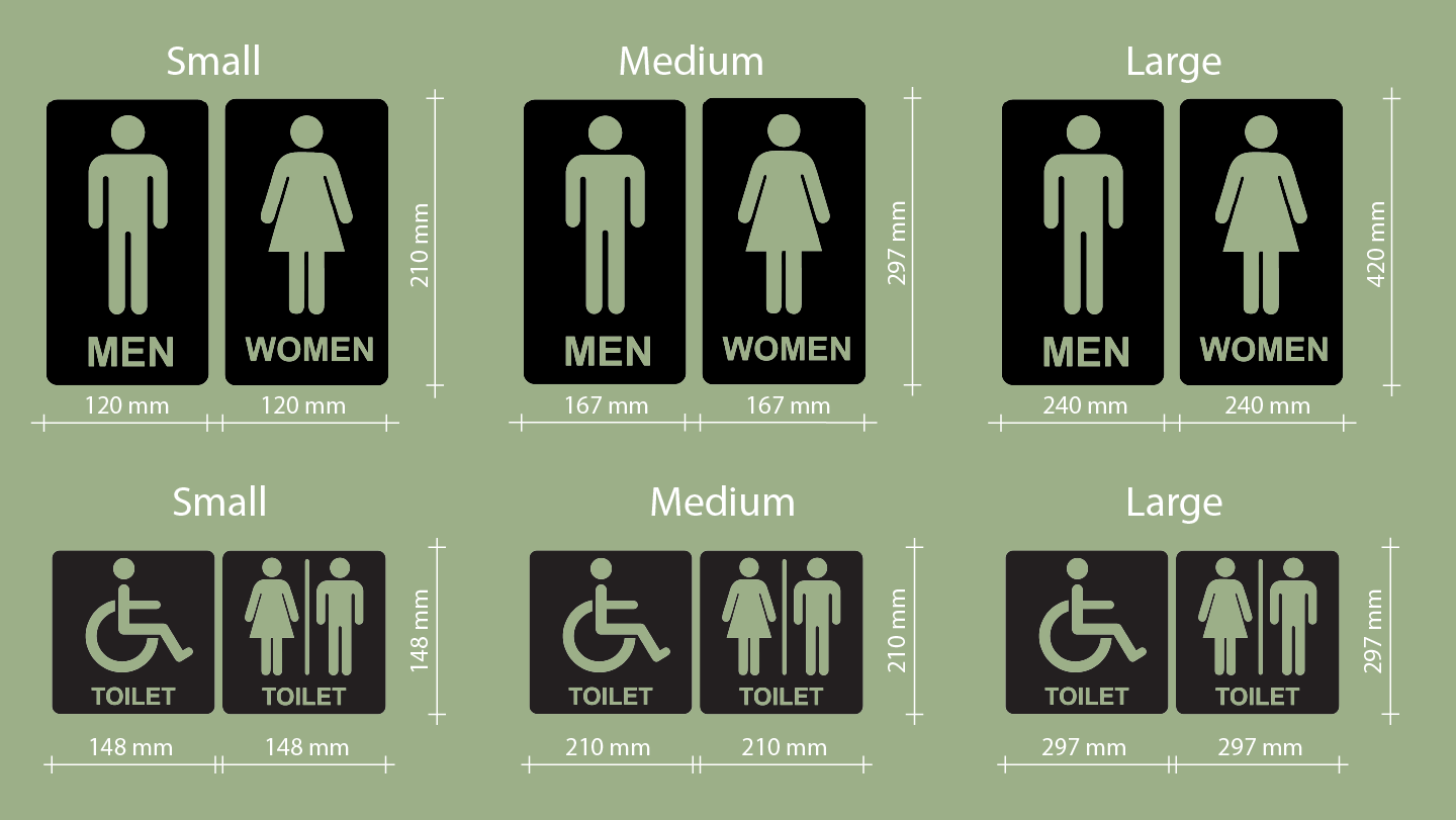 Sizes chart for men's, women's, and disabled toilet signs with dimensions on a green background. Acrylic wall decor - Vibewall