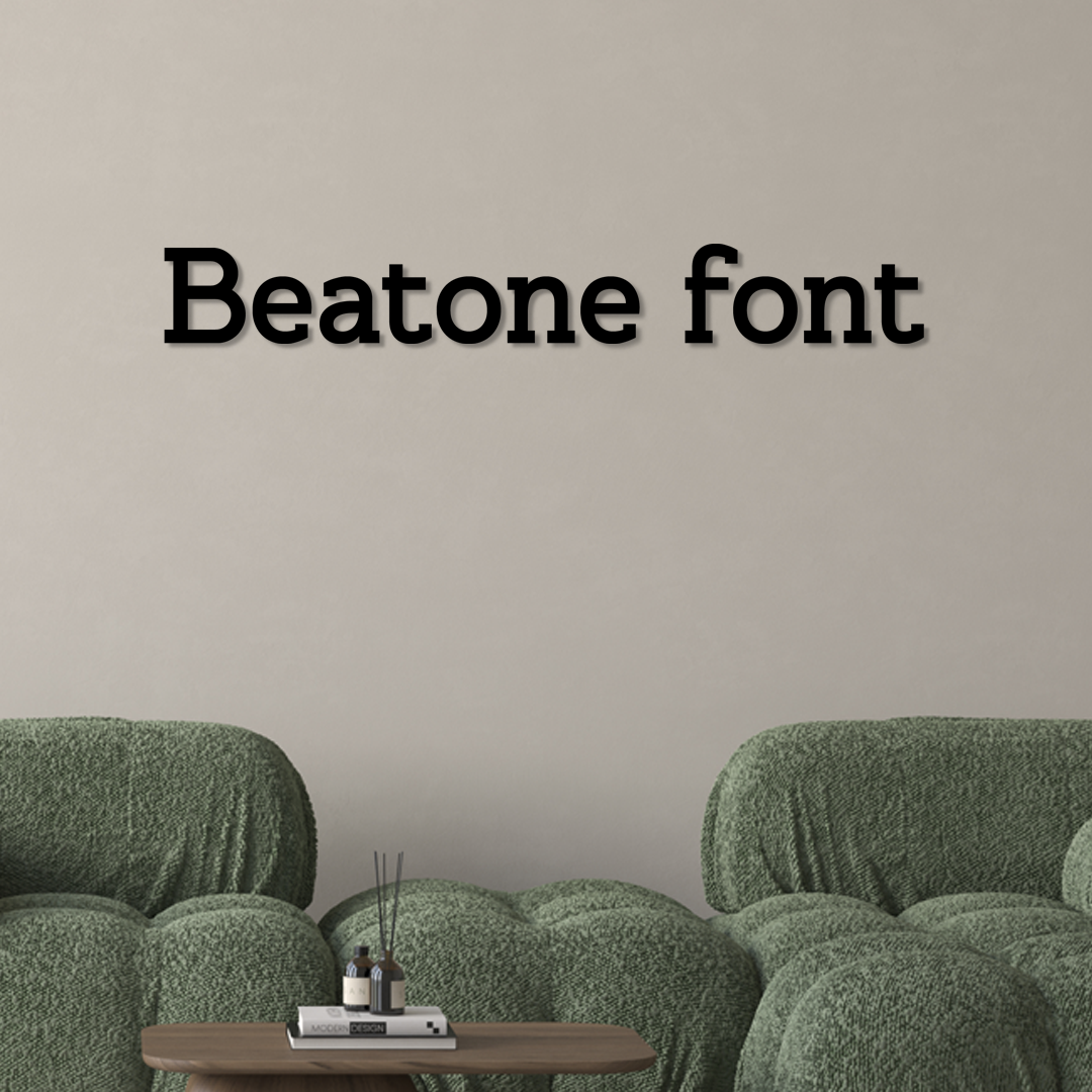 Text 'Beatone font' displayed on a wall with green sofas and a small table.