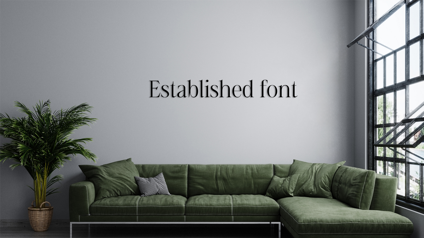 Green sofa in a room with a plant and large window, featuring the text 'Established font'.