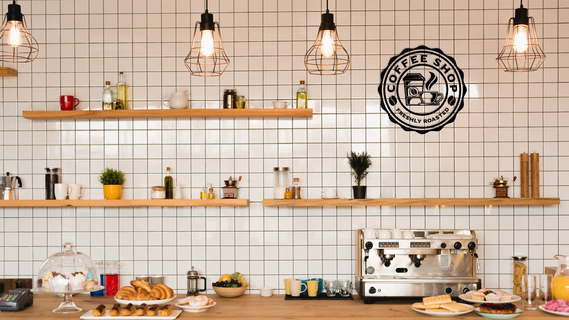 Coffee shop interior with shelves, coffee machine, and decor. Acrylic wall decor - Vibewall