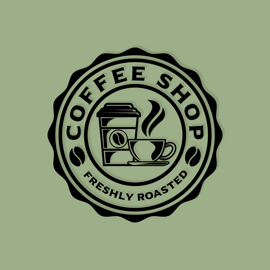 Circular logo with coffee cup and text 'Coffee Shop Freshly Roasted' on a green background - Acrylic wall decor - Vibewall