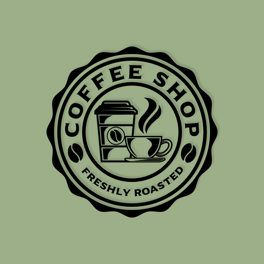 Circular logo with coffee cup and text 'Coffee Shop Freshly Roasted' on a green background - Acrylic wall decor - Vibewall