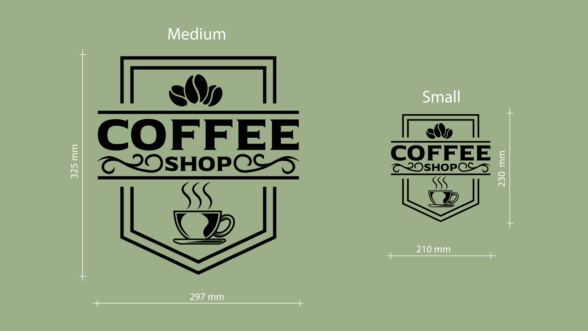 Coffee shop logo with dimensions on a green background - Acrylic wall decor - Vibewall 