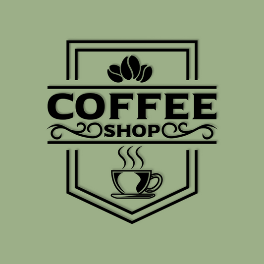 Logo of a coffee shop with coffee beans and a cup on a green background - Acrylic wall decor - Vibewall 
