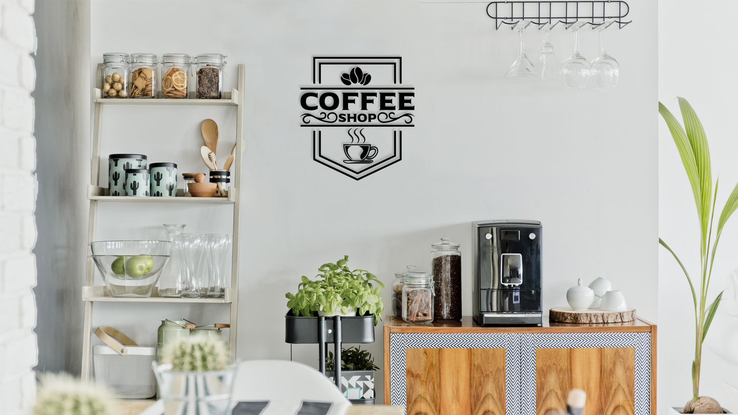Coffee shop interior with a coffee machine, shelves, and decor. Acrylic wall decor - Vibewall