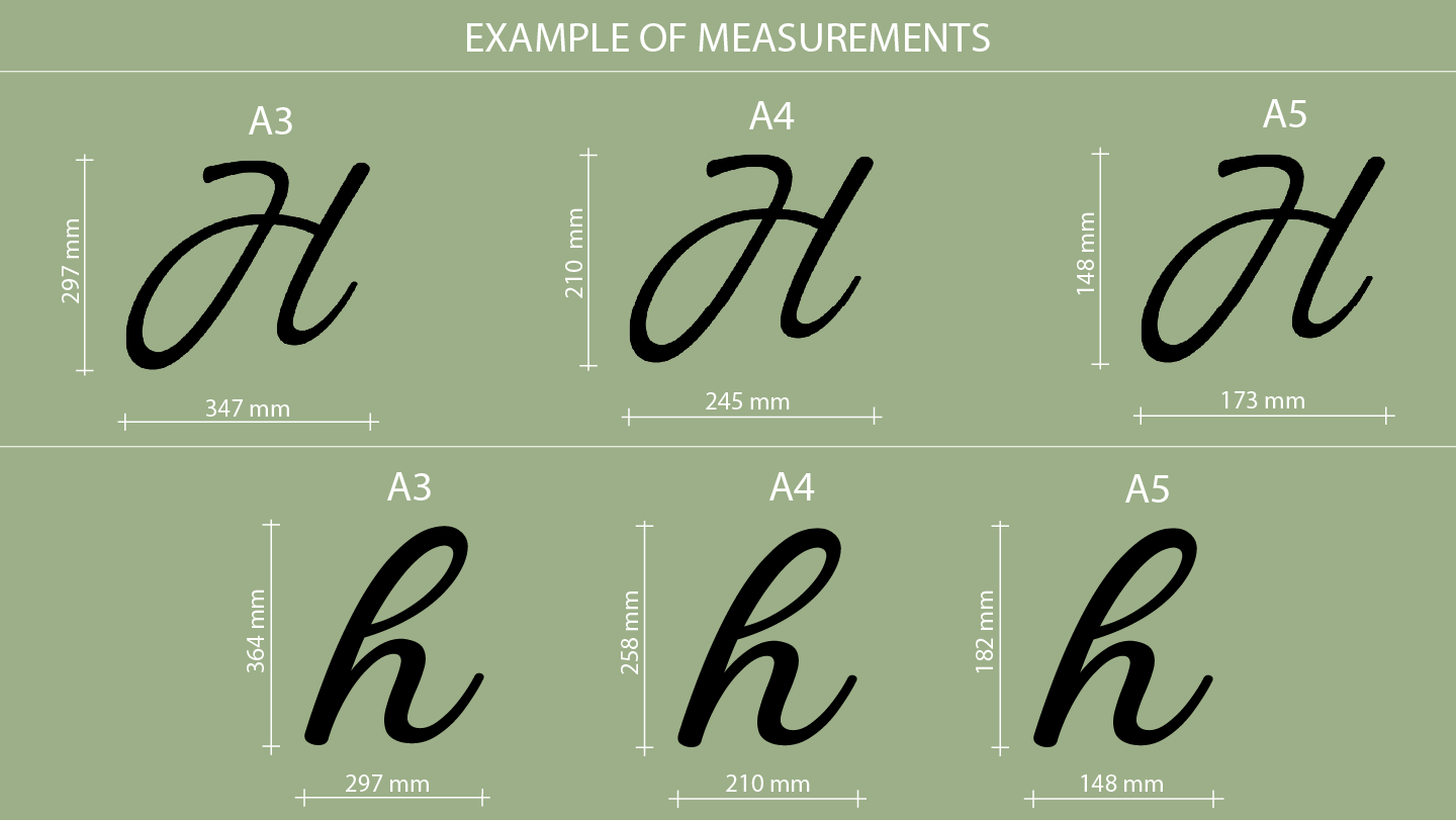 Example of measurements for A3, A4, and A5 paper sizes with script letter 'H' and 'h'. Acrylic wall decor - Vibewall
