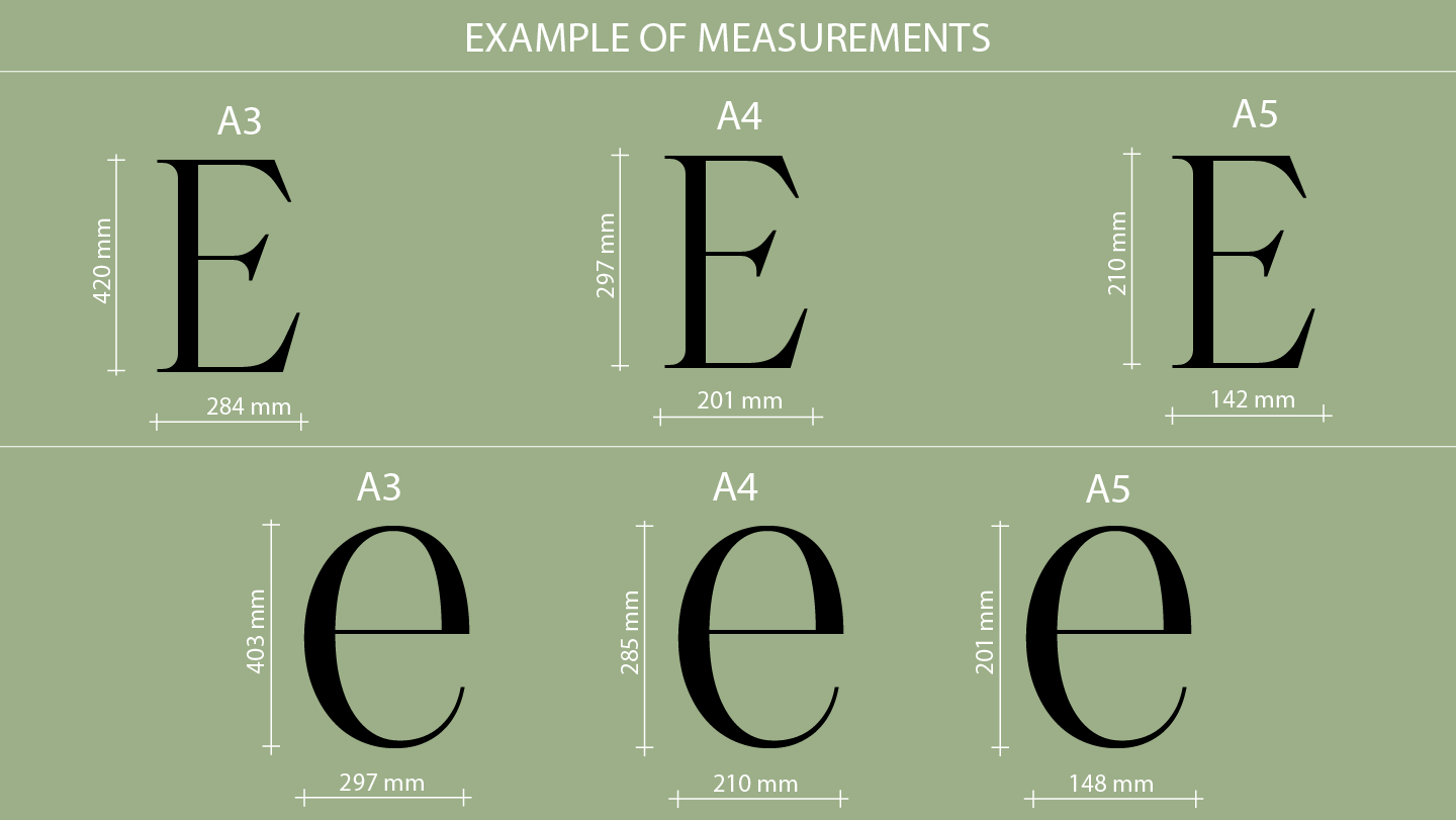 Illustration of letter 'E' and 'e' with measurements for A3, A4, and A5 sizes on a green background. Vibewall - Acrylic wall decor
