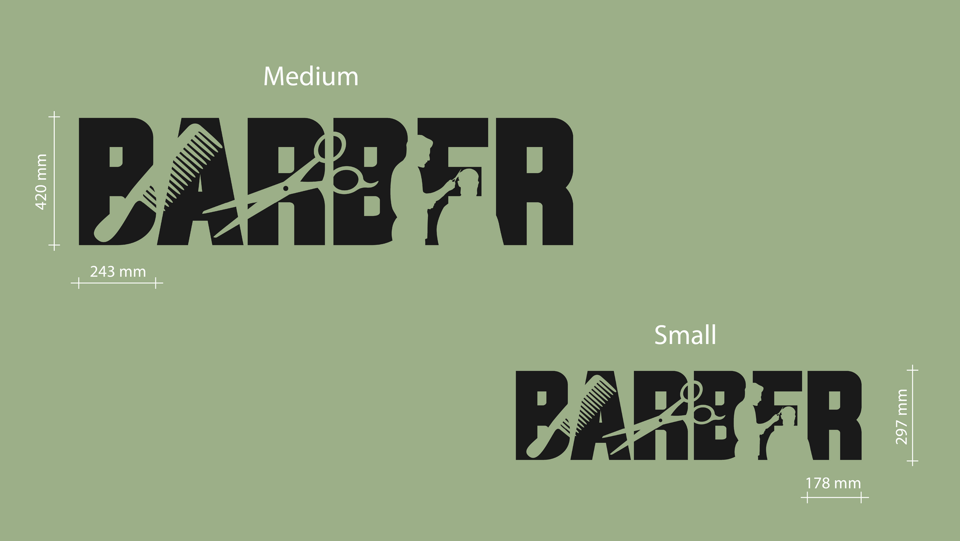 Comparison of 'BARBER' decals in medium and small sizes on a green background. Acrylic wall decor - Vibewall