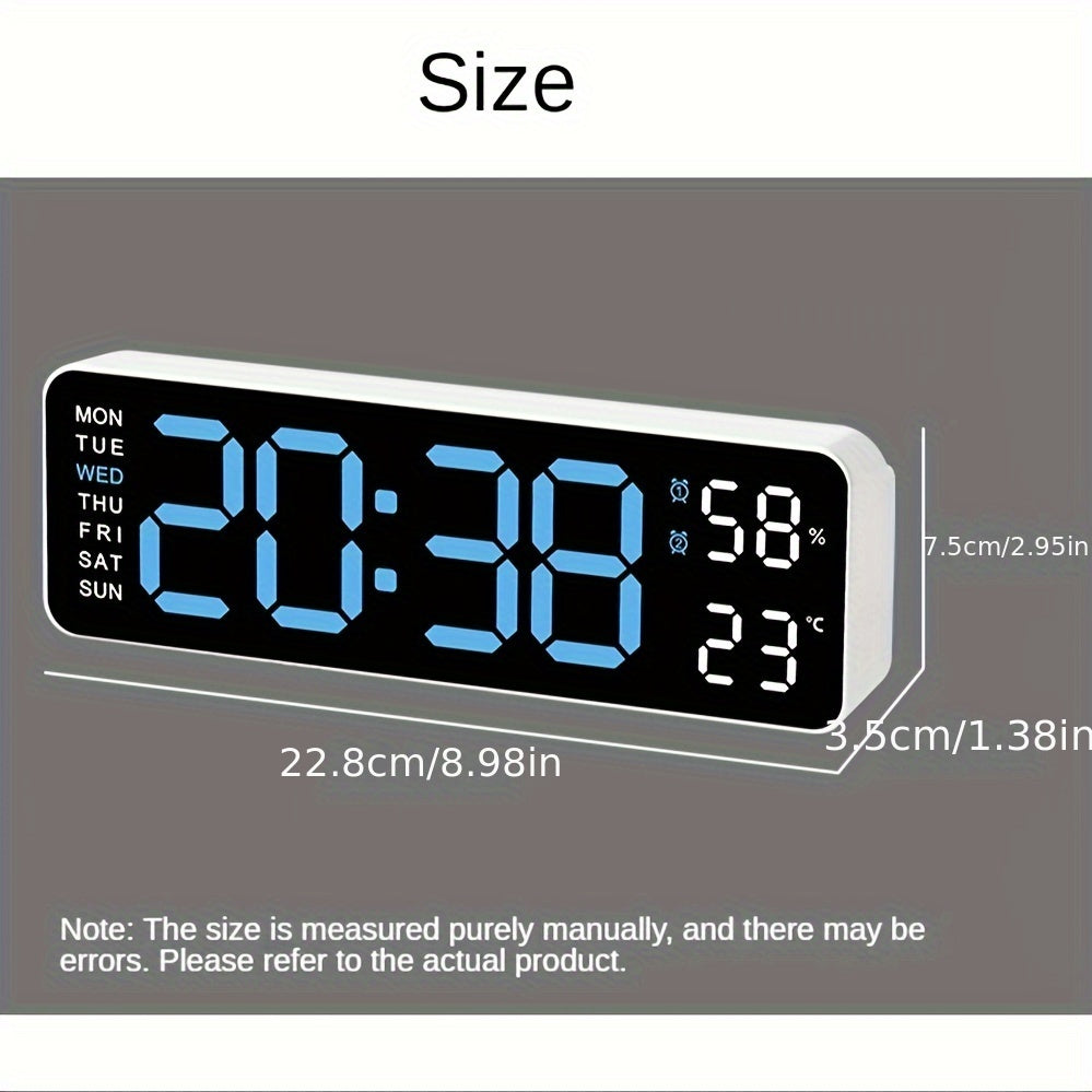 Large 12/24H Digital Wall Clock with Temperature and Humidity Display - Brightness Adjustable, LED Table Alarm Clock with Week Display, Electronic Snooze Function, Compact Design for Home or Office