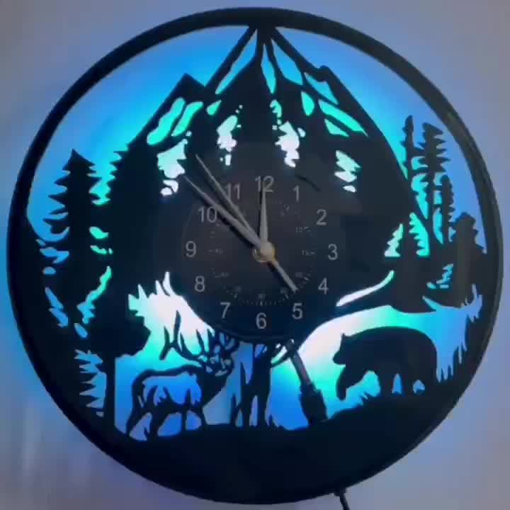 LED Lighted Forest Night Glow Wall Clock with Bear & Moose Silhouette - Modern Cabin Decor, Large Easy-Read Black Hands, Durable Vinyl Round Clock for Living Room, Bedroom, Office - Ideal Gift for Christmas, Birthday, Mother'