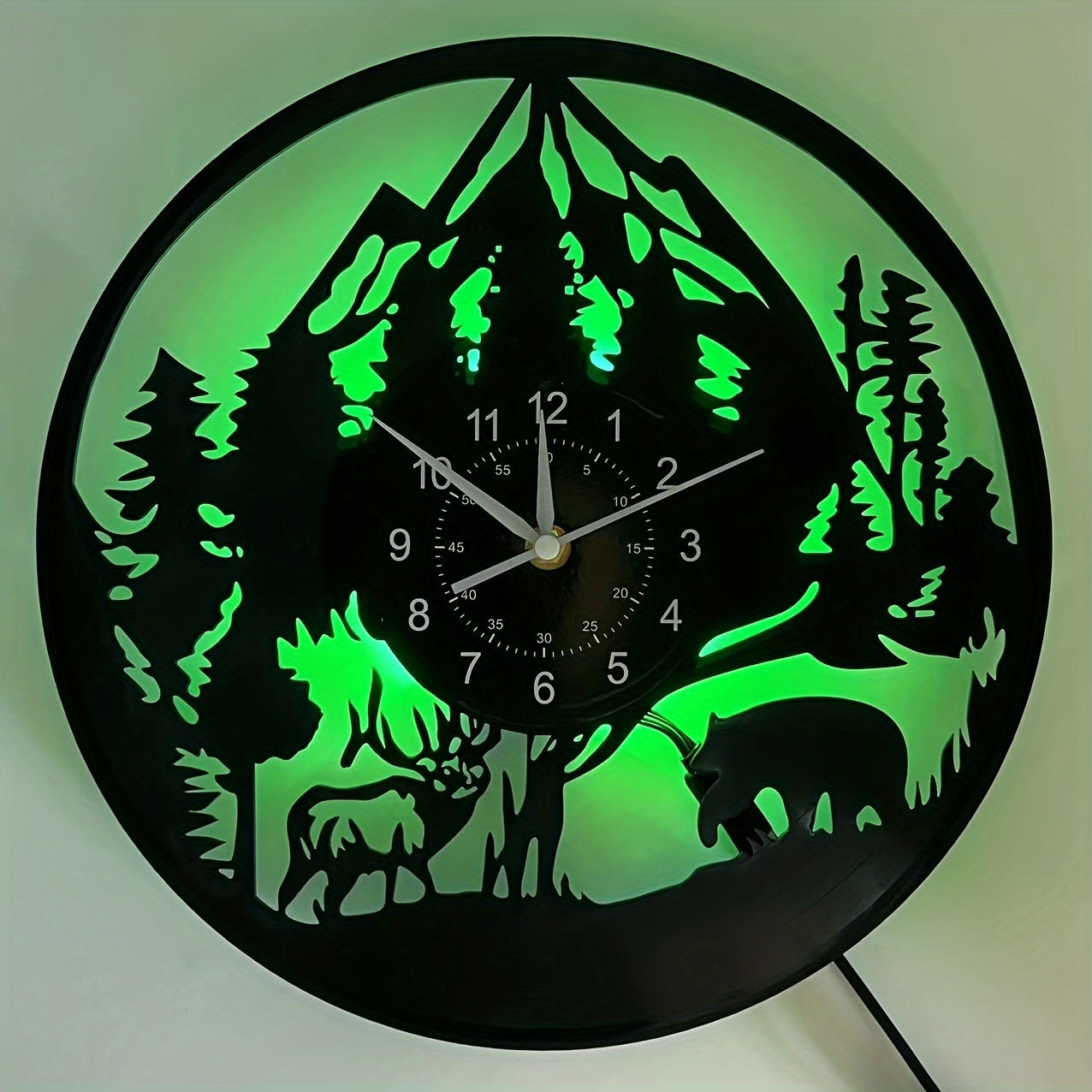 LED Lighted Forest Night Glow Wall Clock with Bear & Moose Silhouette - Modern Cabin Decor, Large Easy-Read Black Hands, Durable Vinyl Round Clock for Living Room, Bedroom, Office - Ideal Gift for Christmas, Birthday, Mother'