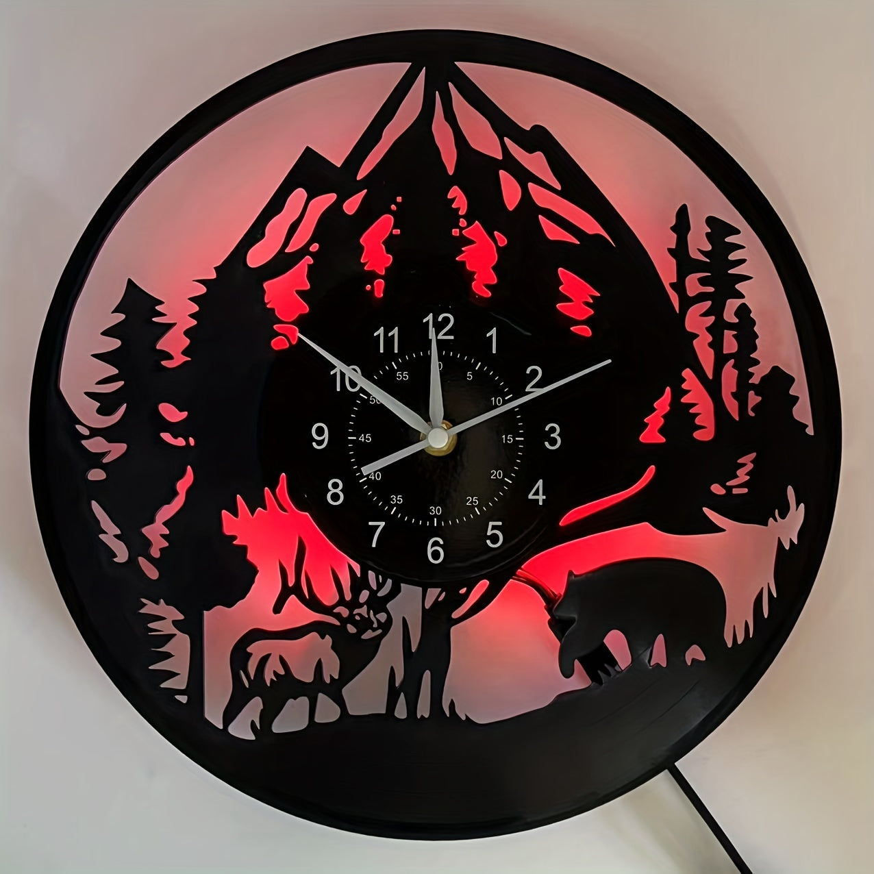 LED Lighted Forest Night Glow Wall Clock with Bear & Moose Silhouette - Modern Cabin Decor, Large Easy-Read Black Hands, Durable Vinyl Round Clock for Living Room, Bedroom, Office - Ideal Gift for Christmas, Birthday, Mother'