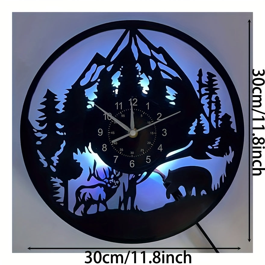 LED Lighted Forest Night Glow Wall Clock with Bear & Moose Silhouette - Modern Cabin Decor, Large Easy-Read Black Hands, Durable Vinyl Round Clock for Living Room, Bedroom, Office - Ideal Gift for Christmas, Birthday, Mother'